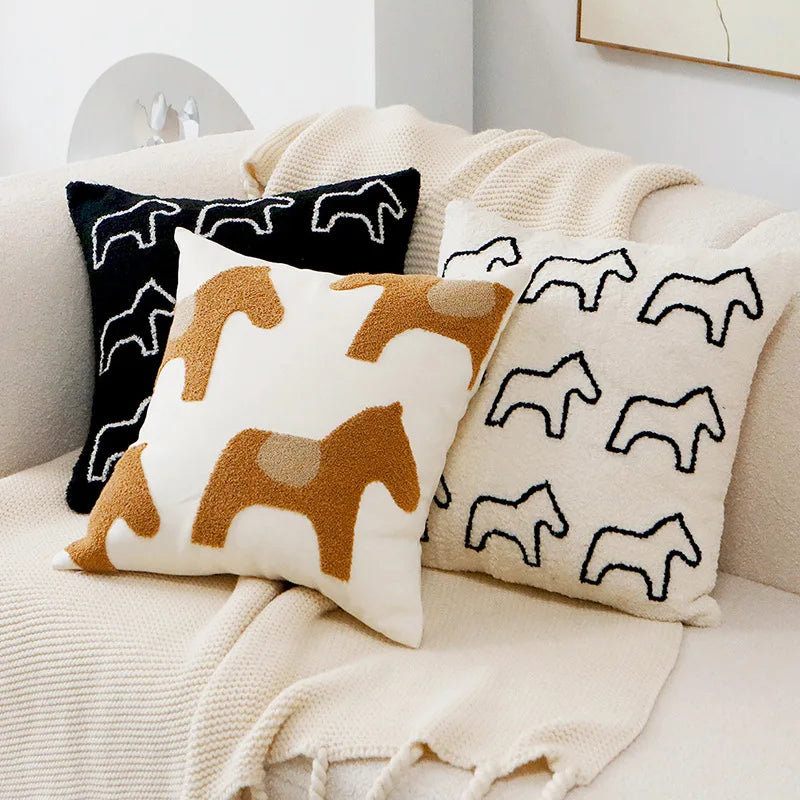 Nordic Embroidered Animal Pillow Cover – Modern Boho Plush Cushion for Couch, Bed or Nursery