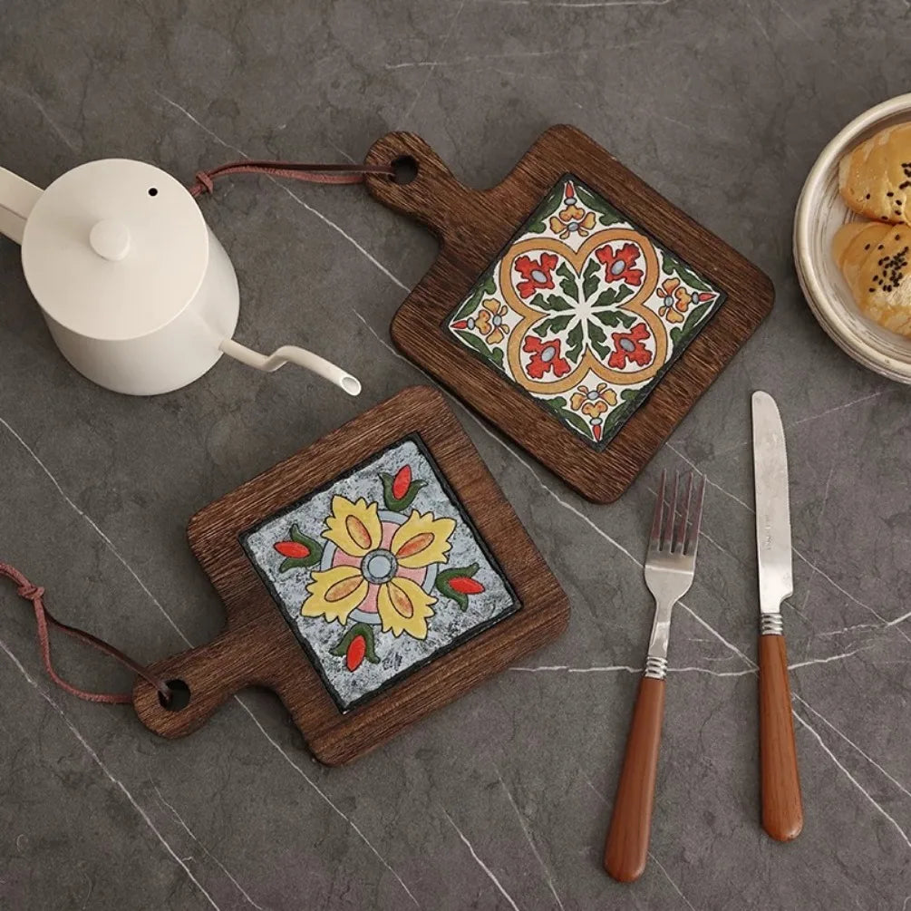 Boho Wood & Decorative Tile Trivet