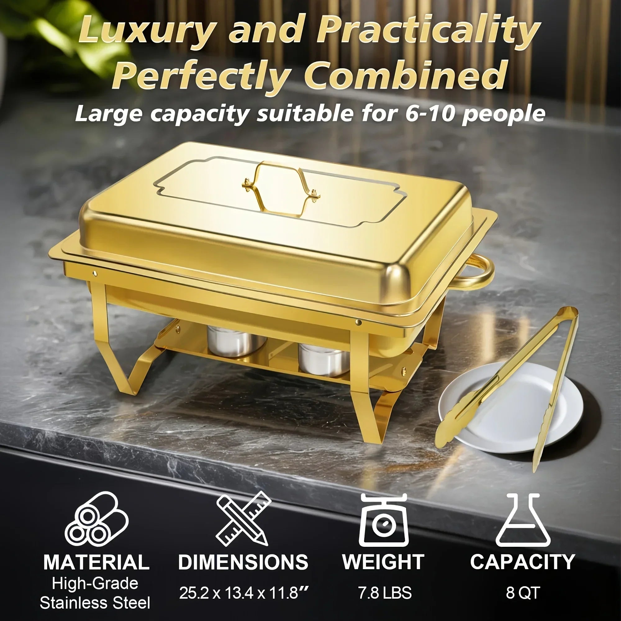 6 Pcs Buffet Baking Tray, 8 Quart Golden Baking Tray Buffet Set Full Size, Premium Stainless Steel Baking Tray Party Food Heater