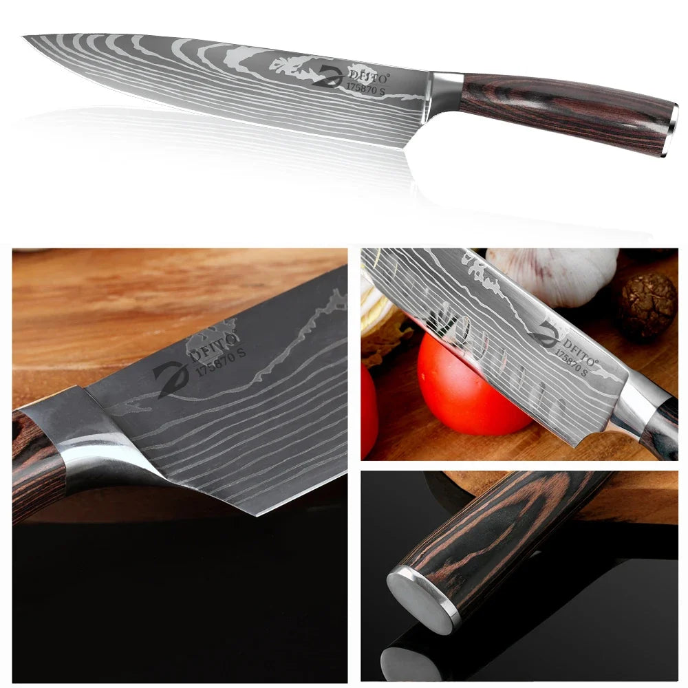 KEPEAK Kitchen Knife Set 7Cr17Mov Stainless Steel Chef Knife Ultra Sharp Santoku Cleaver Utility Knife Cooking Knives Nylon Bag