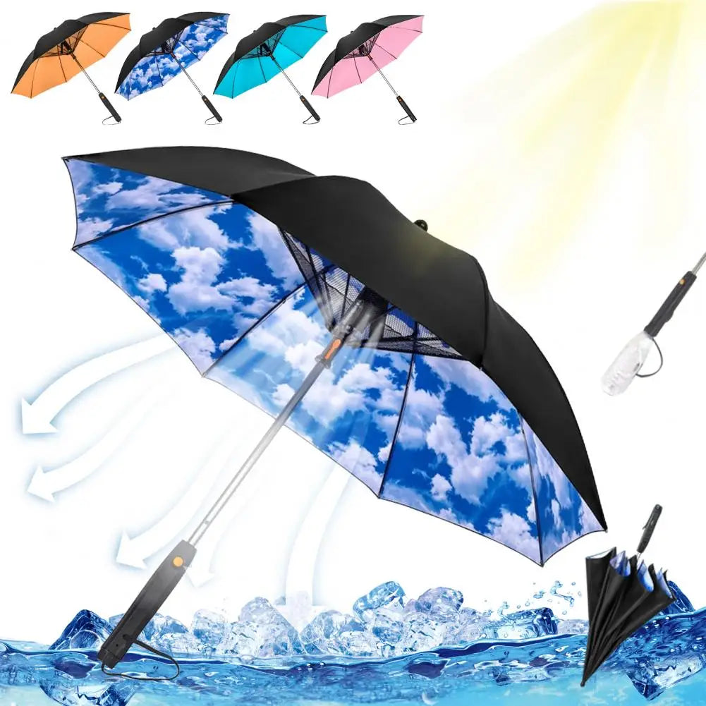 🌞 3-in-1 Cooling Sun Umbrella – Built-in Fan, Water Mister & UV Block