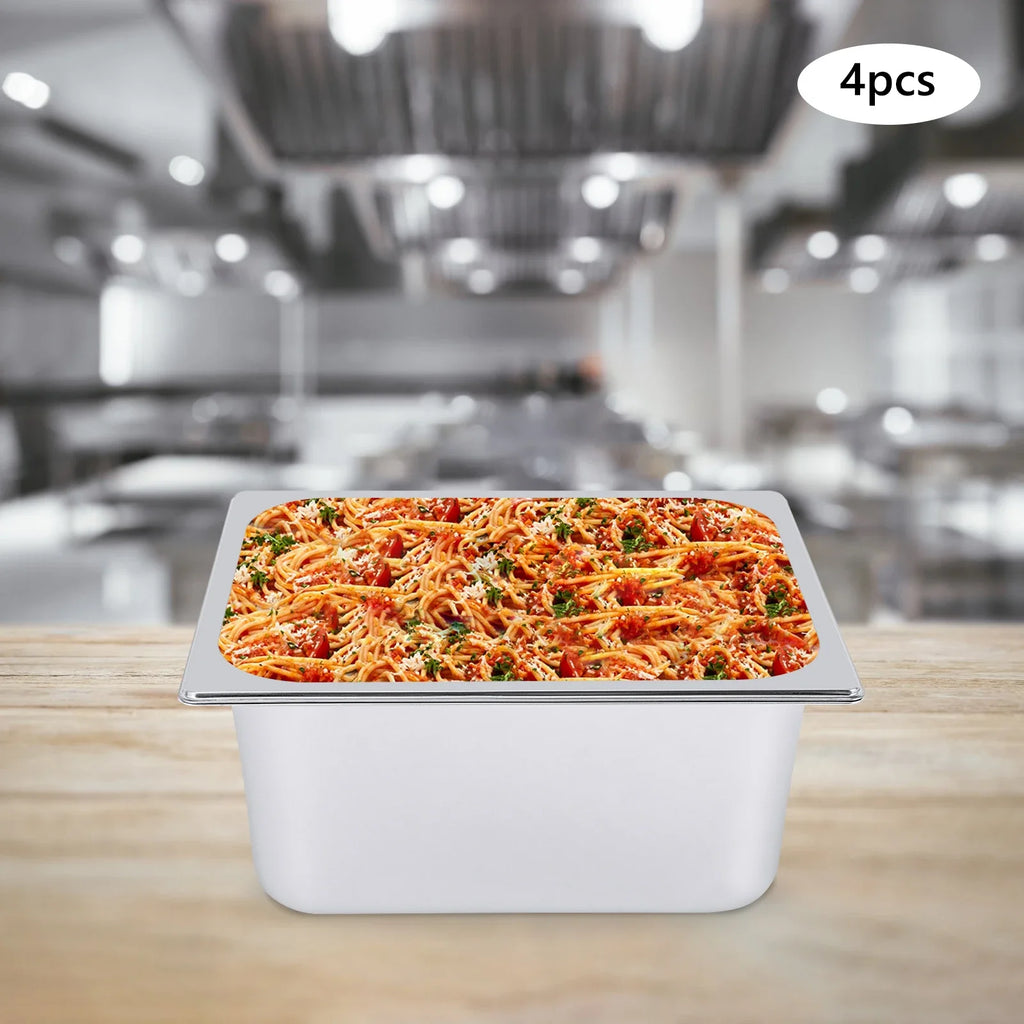 Stainless Steel Steam Table Pans, 7L Capacity, 6in Depth, Set of 4 with Lid for Food Display and Protection