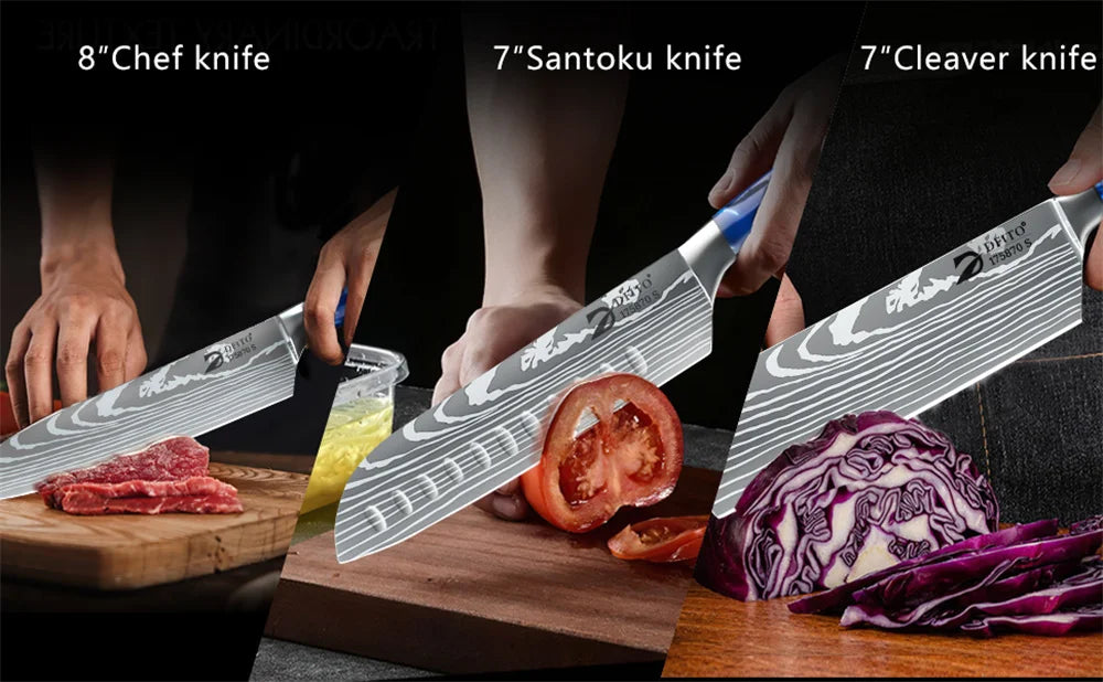 8pcs Kitchen Knife Damascus Stainless Steel Chef Knife Utility Paring Boning Cleaver Slicing Santoku Knives