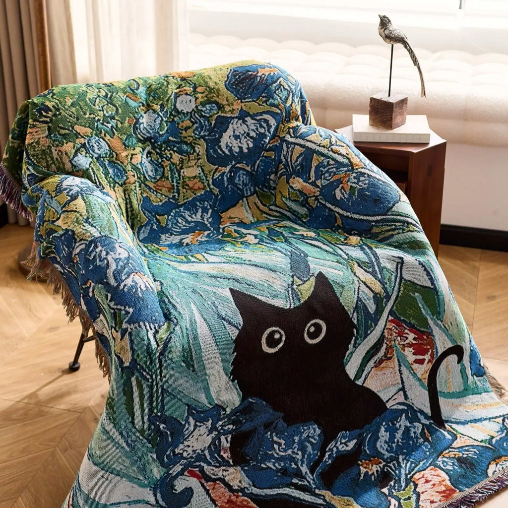 Cat Woven Throw Blanket – Jacquard Tapestry Sofa Cover for Cozy Home & Picnic Use