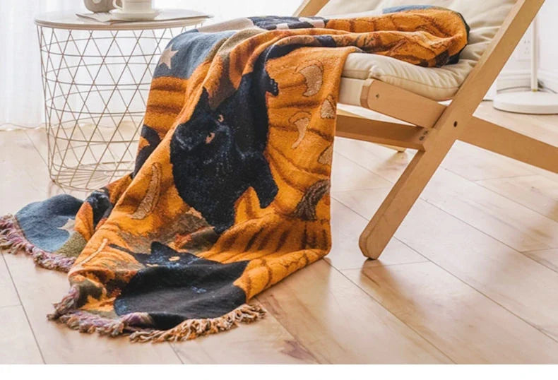Halloween Black Cat Pumpkin Throw Blanket – Spooky Woven Tapestry with Cats & Pumpkins for Cozy Autumn Home Decor