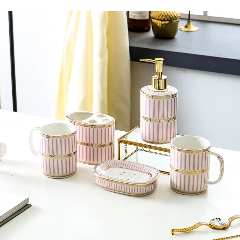 Ivory Porcelain & Gold-Plated Ceramic Bathroom Set – Striped Blue