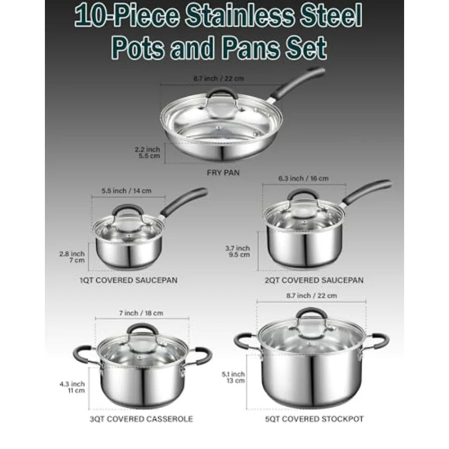 Stainless Steel Cookware Sets 10-Piece, Pots and Pans Kitchen Cooking Set with Stay-Cool Handles, Dishwasher Safe, Silver