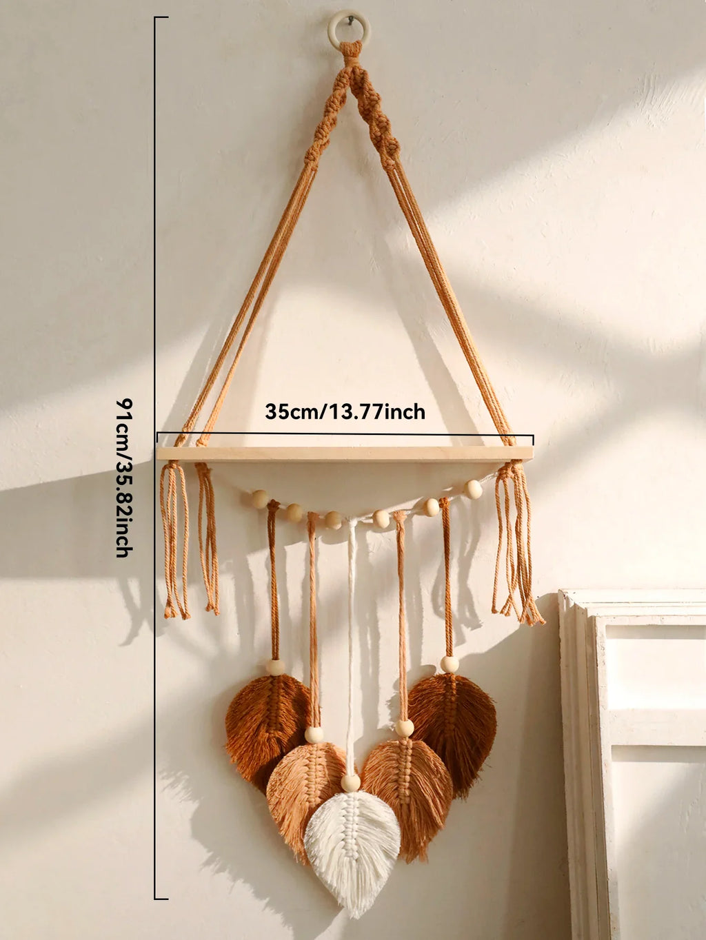 Boho Macrame Floating Wall Shelf with Leaf Tassels
