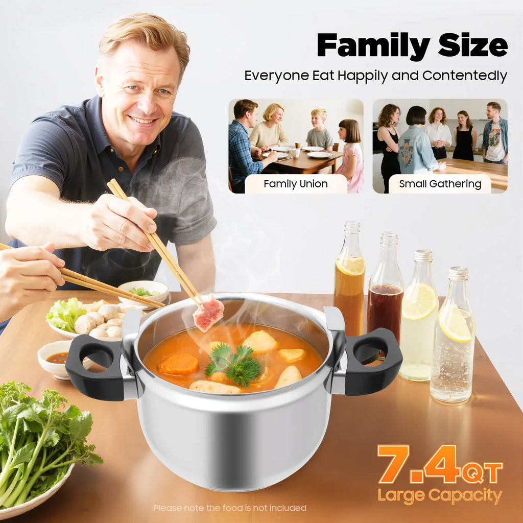 7.4Qt Stainless Steel Pressure Cooker – 60KPa High Pressure Pot for Fast Cooking