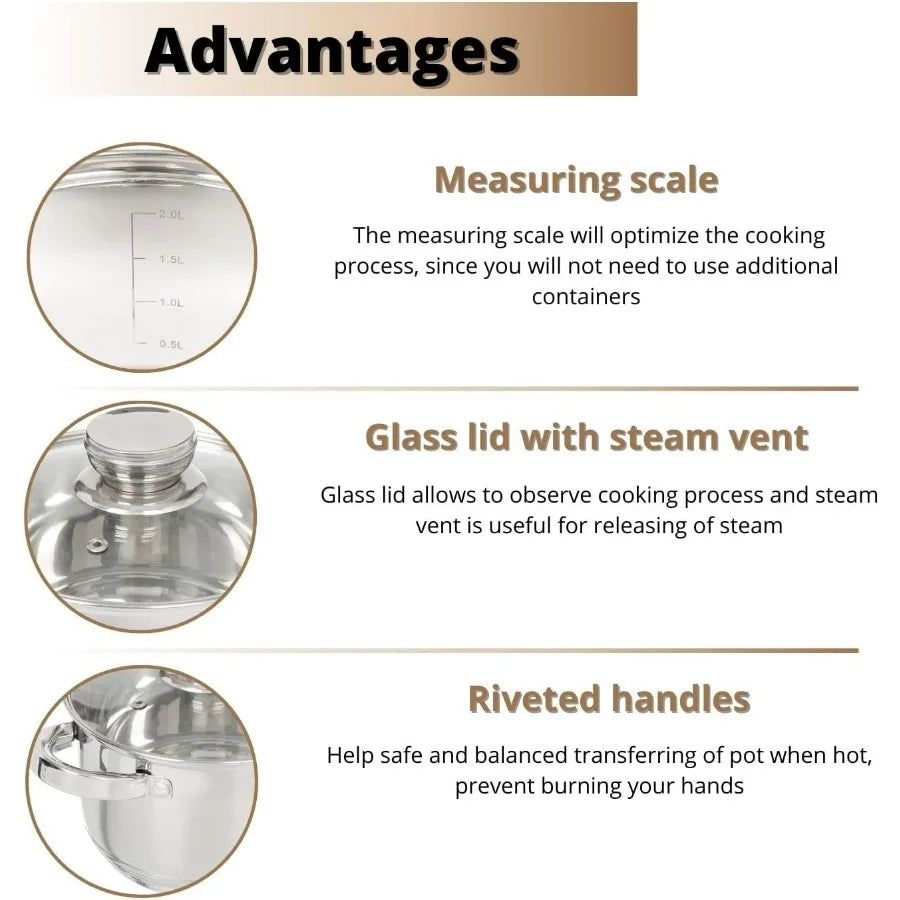 Standard 9-Piece Stainless Steel Induction Cookware Set, Saucepan, Dishwasher Safe Pots, Measuring Scale, Glass Lids, For Soup,