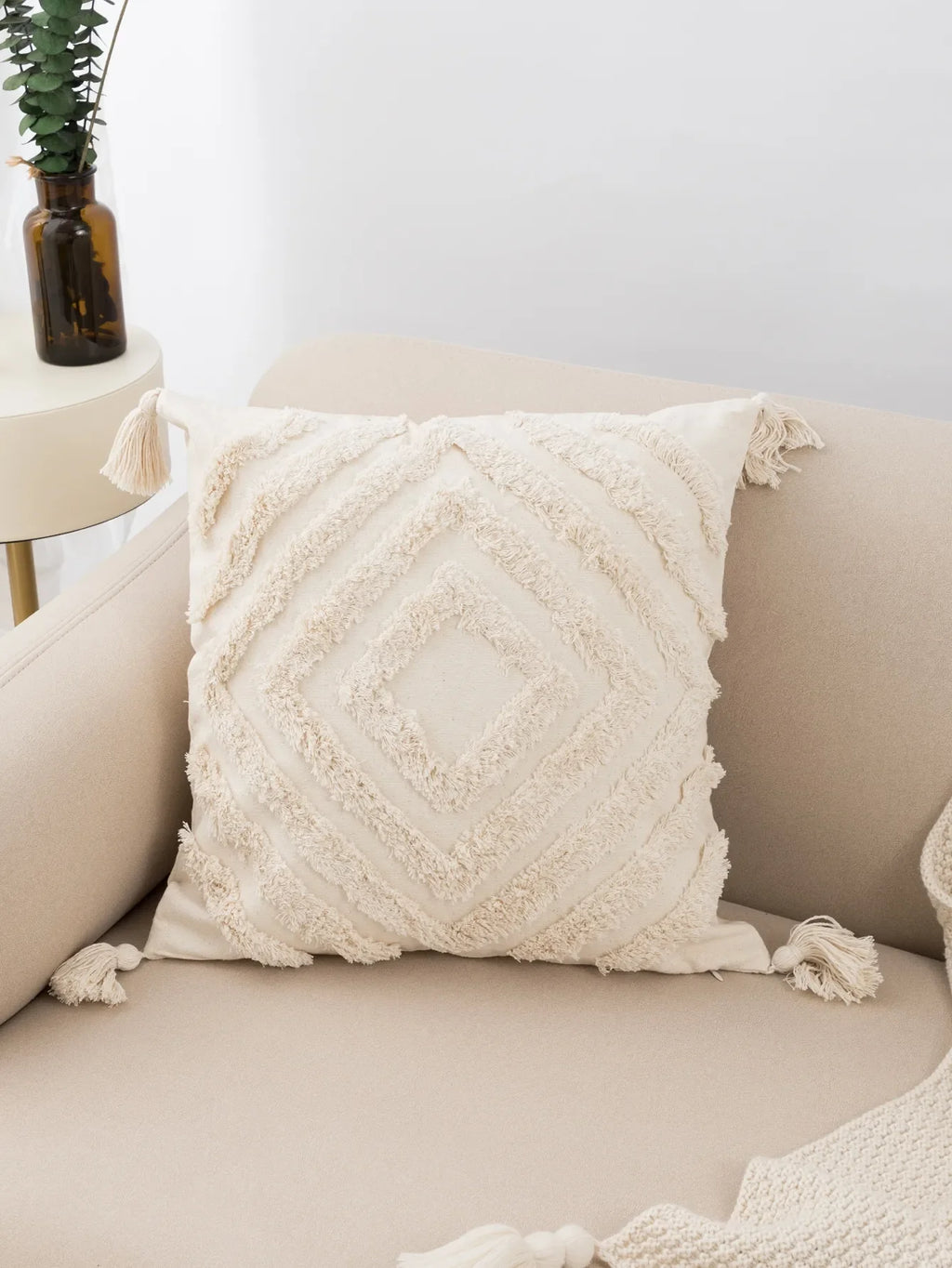 Beige Diamond Shaped Tufted Fringed Pillow Cover