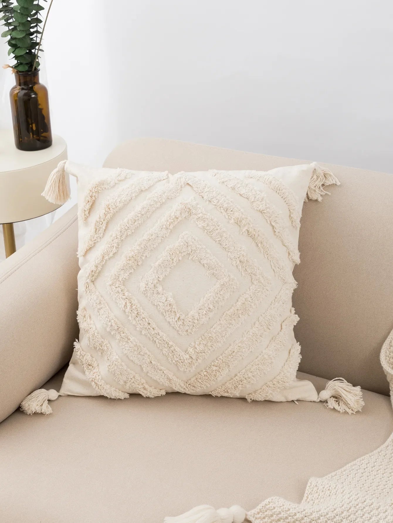 Beige Diamond Shaped Tufted Fringed Pillow Cover