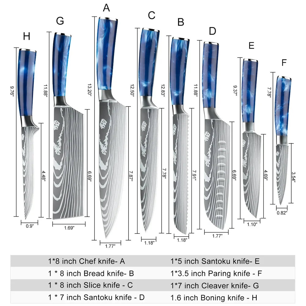 8pcs Kitchen Knife Damascus Stainless Steel Chef Knife Utility Paring Boning Cleaver Slicing Santoku Knives