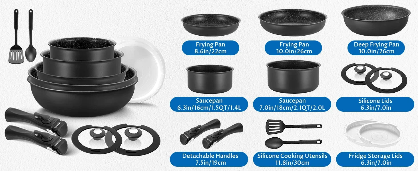 Induction Cookware Set 13 Pieces, Nonstick Pots and Pans Set with Removable Handles, for All Hobs, Stackable Design for RV