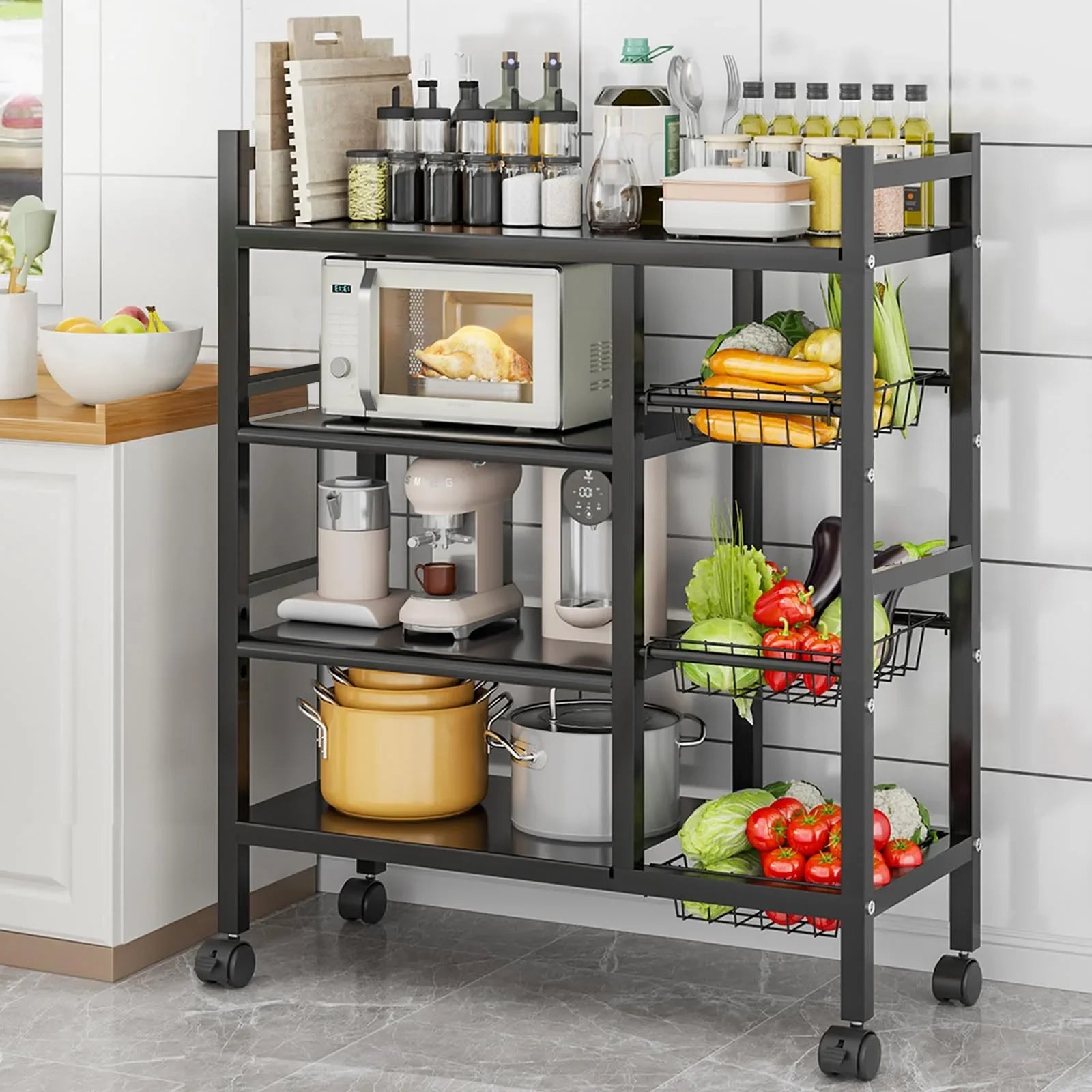 1 movable kitchen vegetable basket storage rack for kitchen storage and supplies storage, suitable for basic accessories in garages, kitchens, and home garages