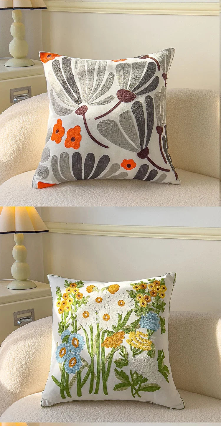 Modern Embroidered Cotton Cushion Cover – Decorative Pillowcase for Couch, Bed & Living Room