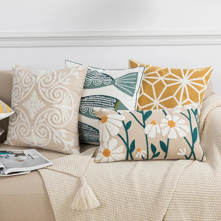 🌼 Cozy Embroidered Throw Pillow Cover – Nordic-Inspired Boho Home Decor Accent