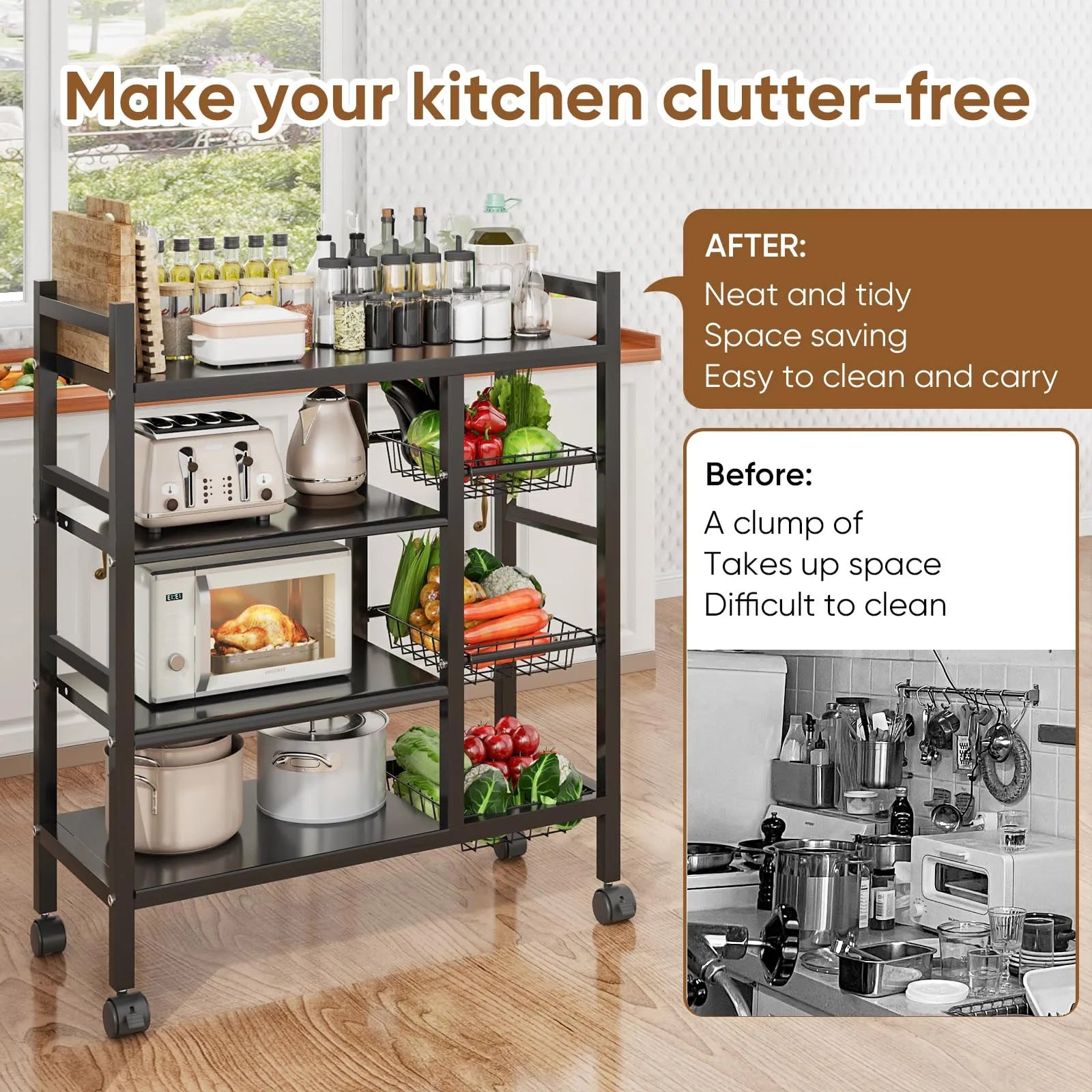 1 movable kitchen vegetable basket storage rack for kitchen storage and supplies storage, suitable for basic accessories in garages, kitchens, and home garages