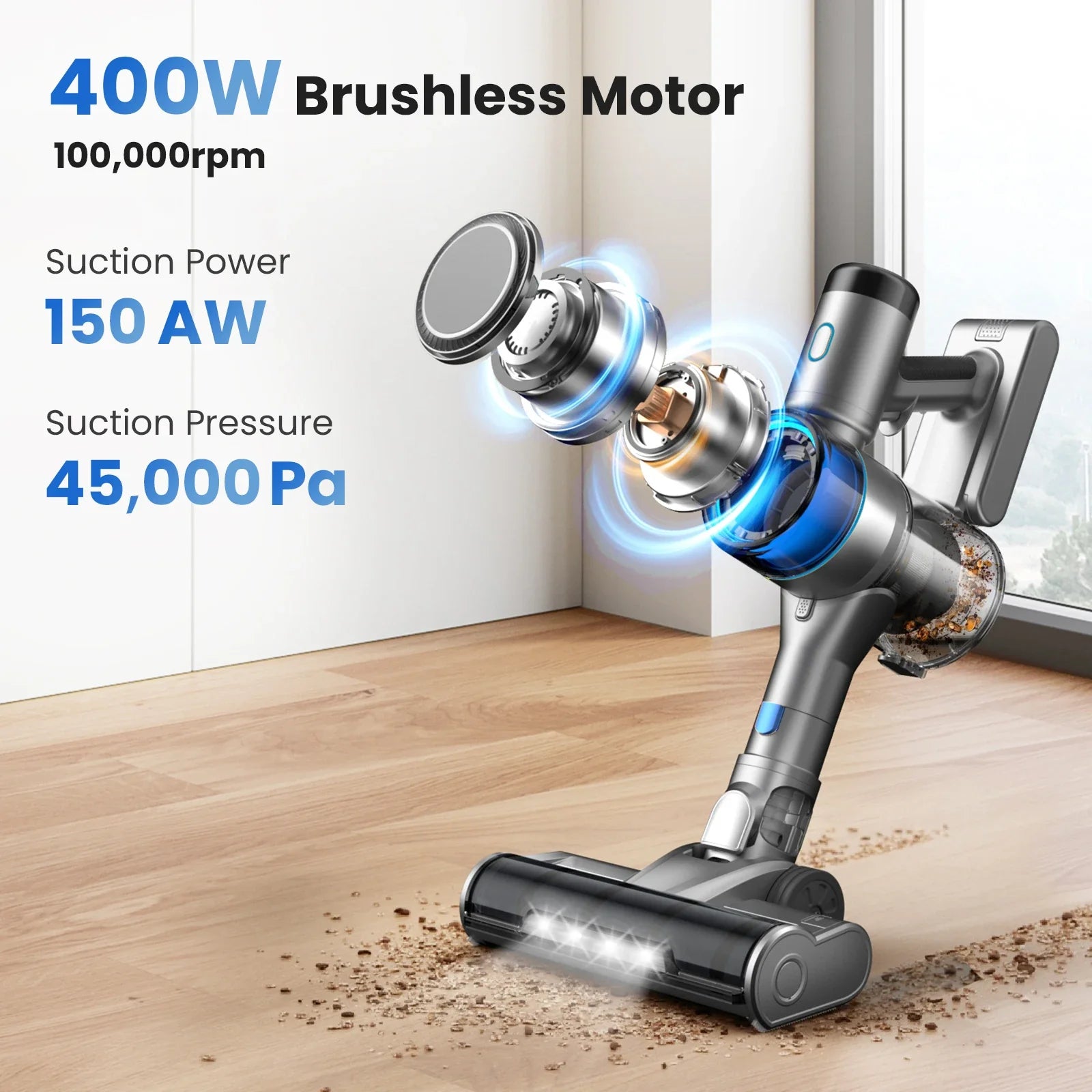 🧹 Powerful 45 kPa Cordless Stick Vacuum – Smart Cleaning
