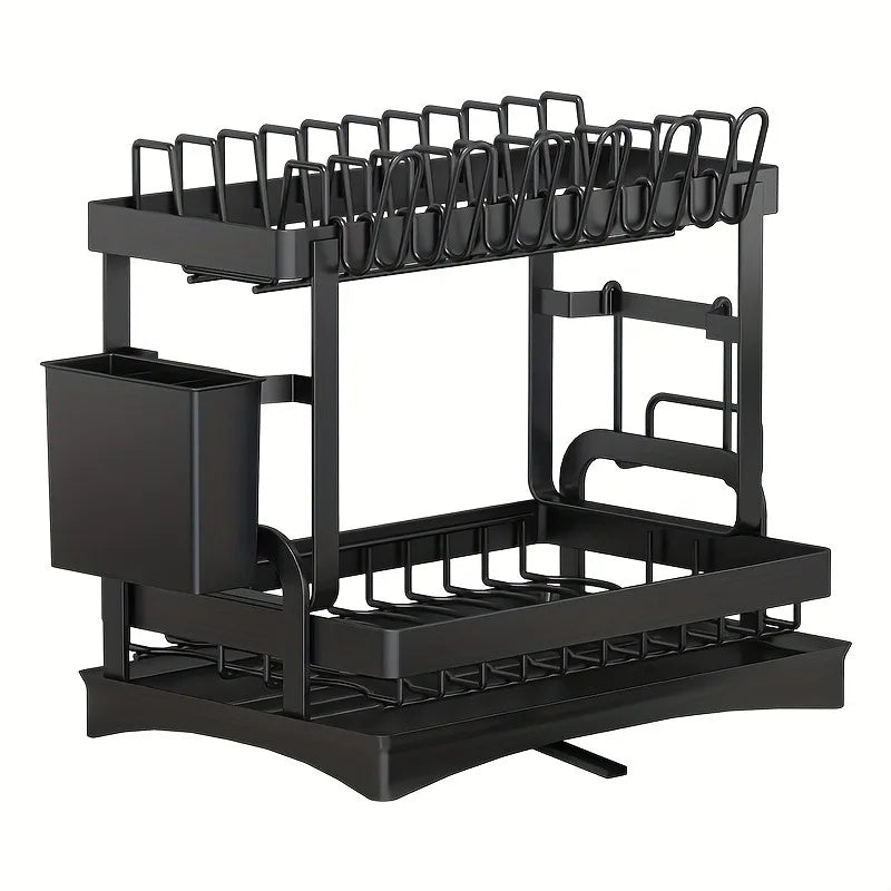 2-Tier Metal Dish Drying Rack – Black Kitchen Counter Dish Drainer with Drainboard