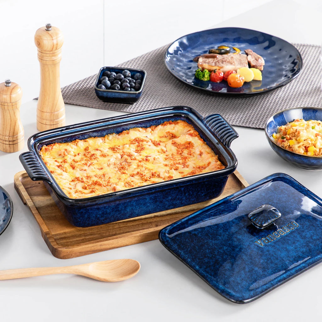 vancasso Starry 3.8/1.9 Quart Blue Casserole Baking Dish large lasagna pan with lid Stoneware casserole with lid Microwave