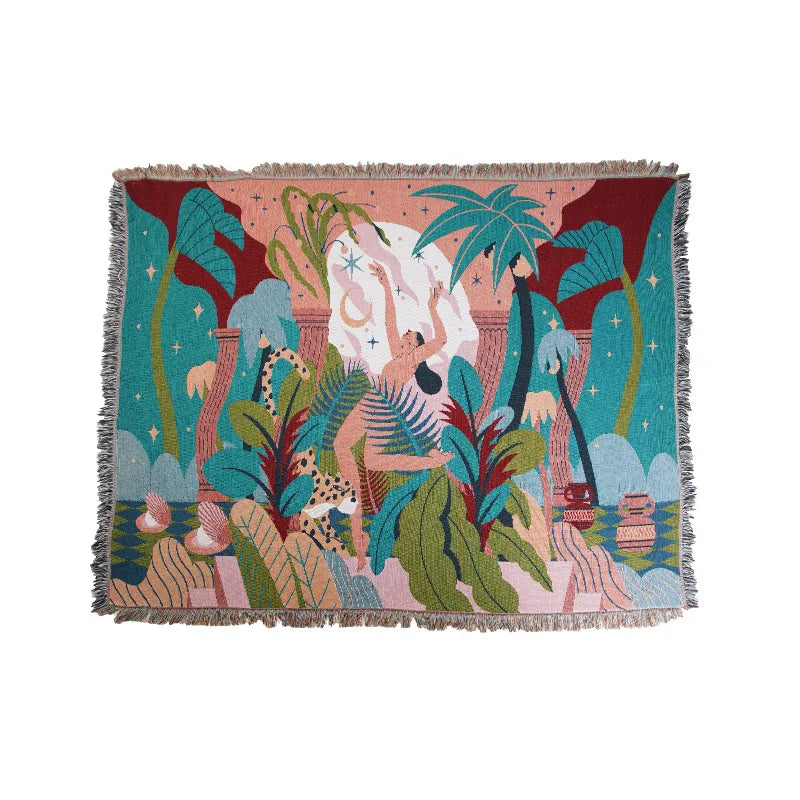 Forest Dancer Throw Blanket – Jungle Leaves Sofa Cover with Tassels