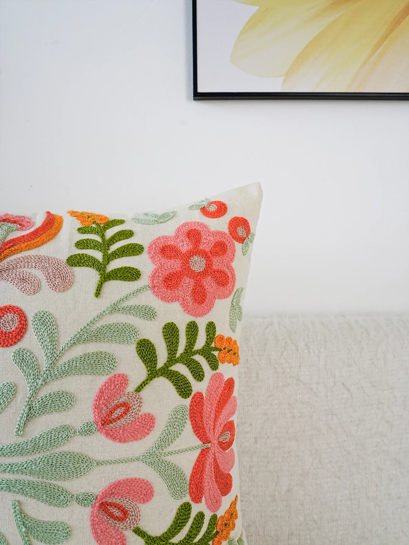 Colorful Flower Embroidery Throw Pillow Cover