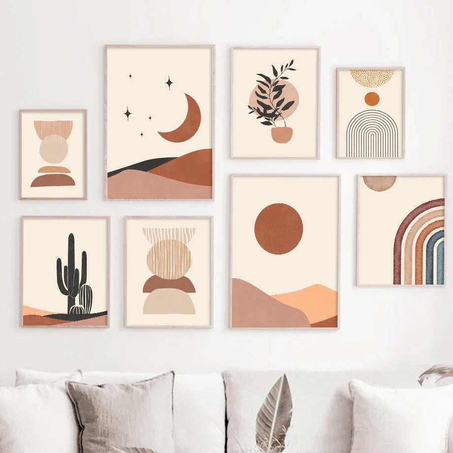 Boho Desert Sun & Moon Geometric Cactus Canvas Wall Art Print