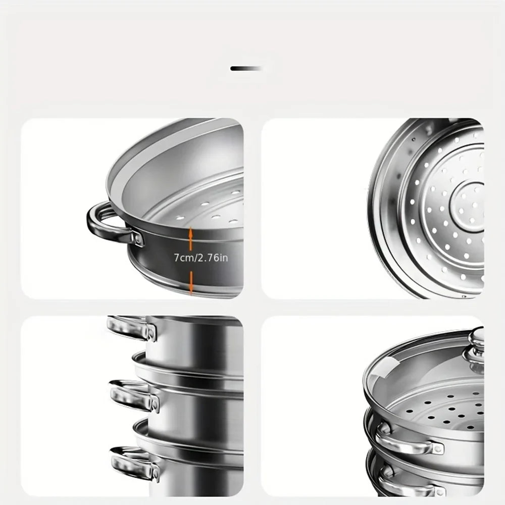 5PCS Stainless Steel Double & Triple Layer Steamer Soup Pot – 2-in-1 Multifunctional Cooking Set