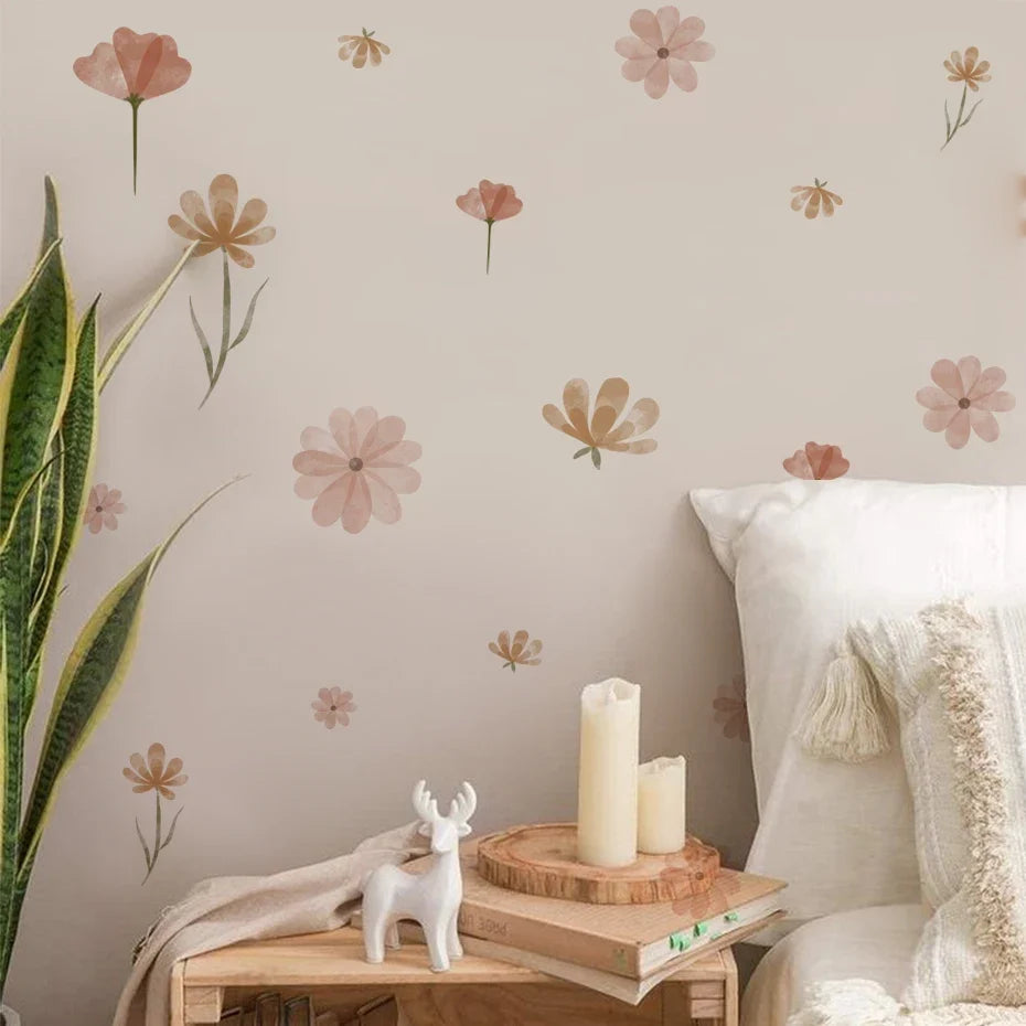 Boho Floral Leaf Wall Stickers – Removable 3D Vinyl Decals for Kids' Nursery & Home Decor - Neutral Flowers