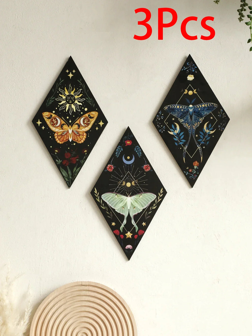 Butterfly & Moon Wooden Wall Art – Hand-Painted Nordic Boho Home Decor Accent