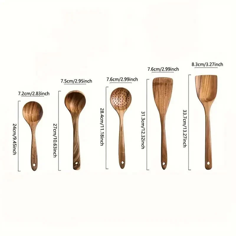 Teak Wooden Utensil Set 5-Piece - Natural Cooking Spoons, Spatula, Slotted Spoon, Salad Server, Non-Scratch Eco-Friendly Kitchen