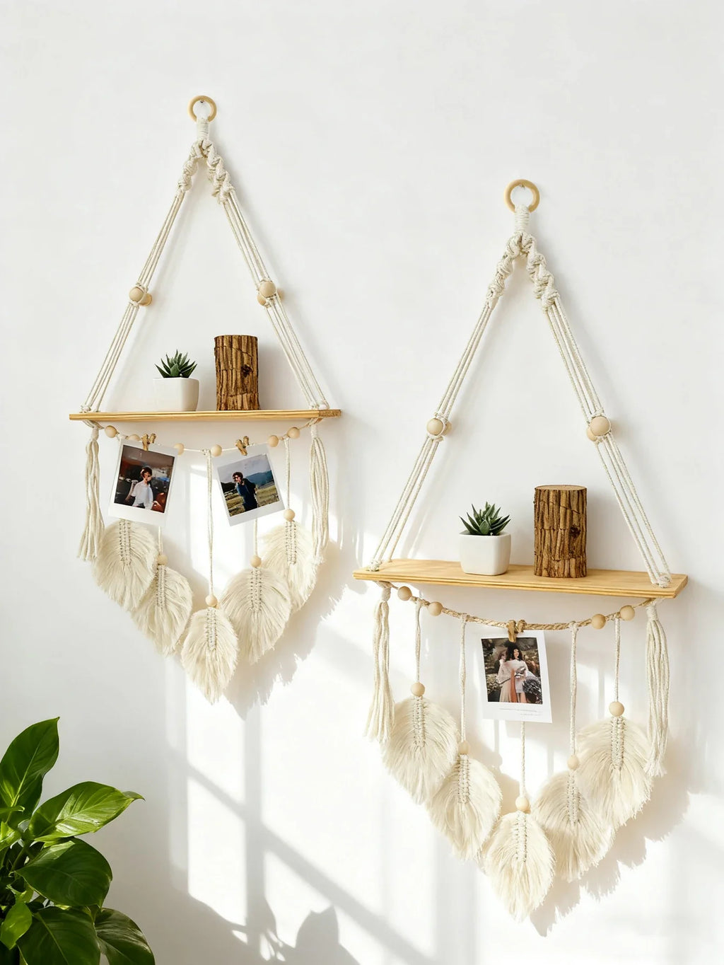Boho Macrame Floating Wall Shelf with Leaf Tassels