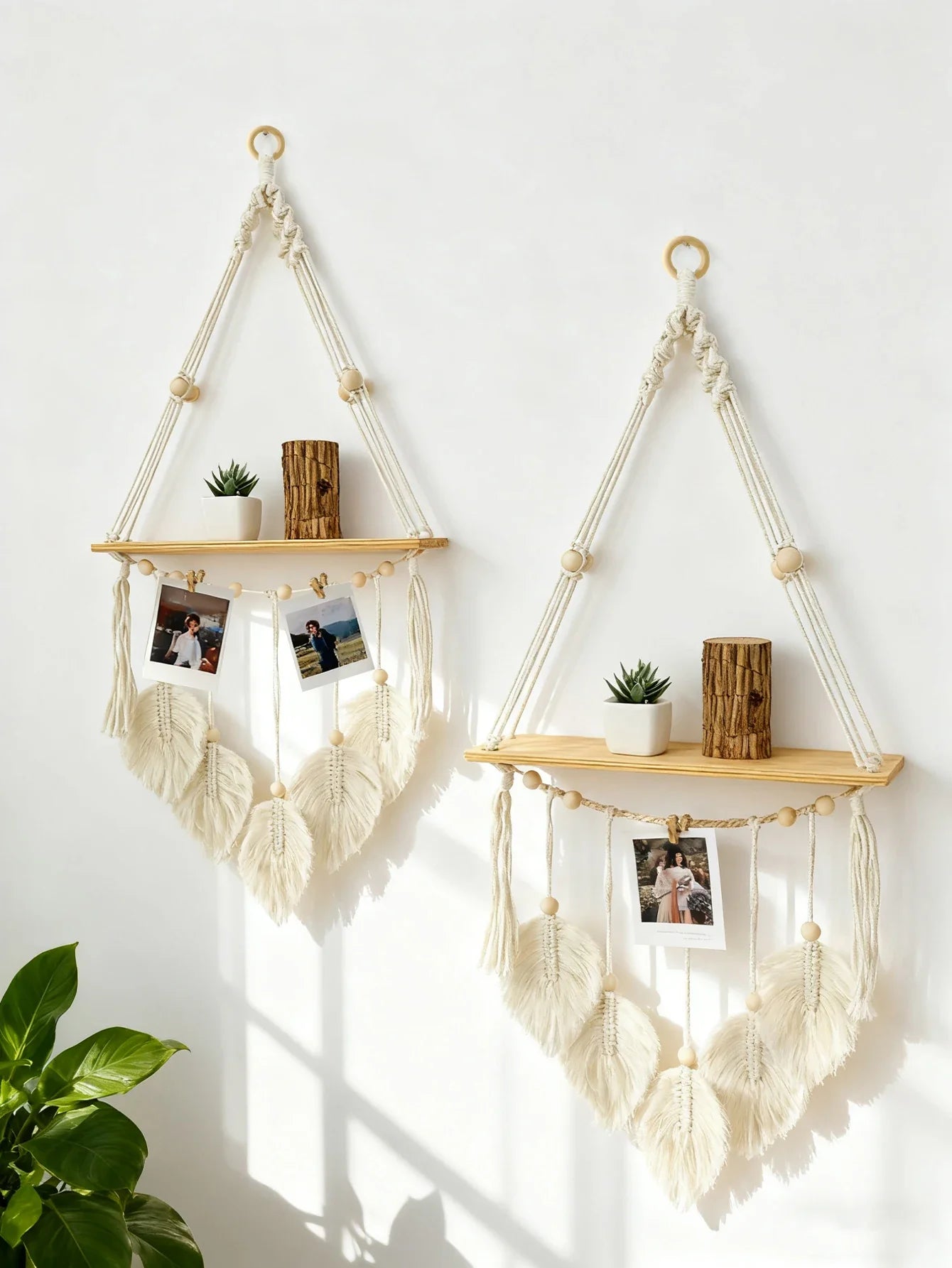 Boho Macrame Floating Wall Shelf with Leaf Tassels
