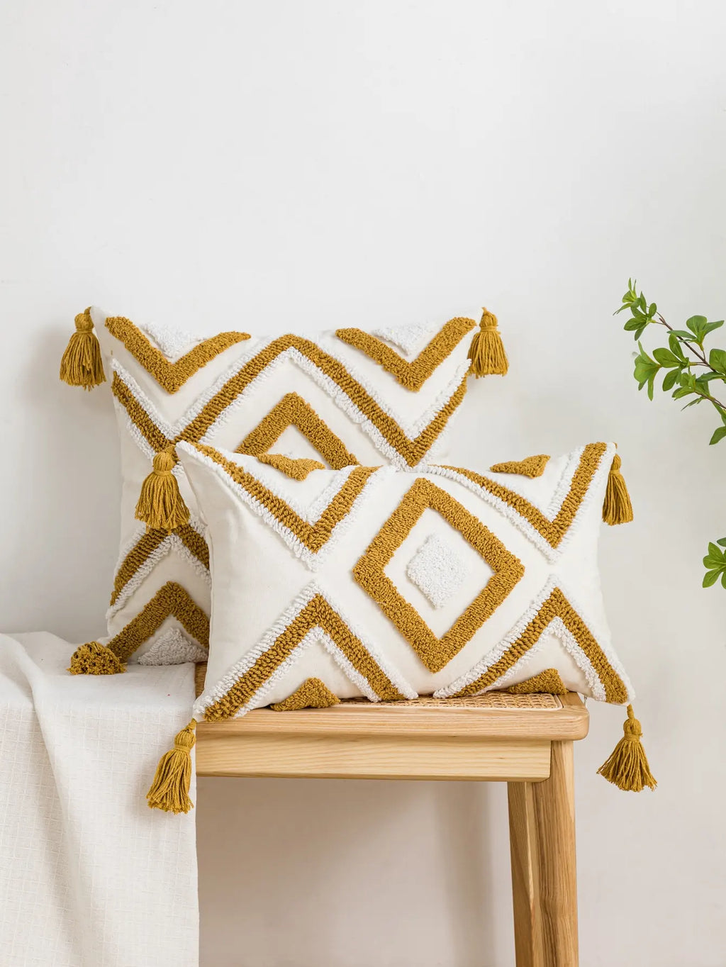 Geometric Diamond Pillow Cover With Tassels – Boho Home Decor Accent for Couch, Bed, or Chair