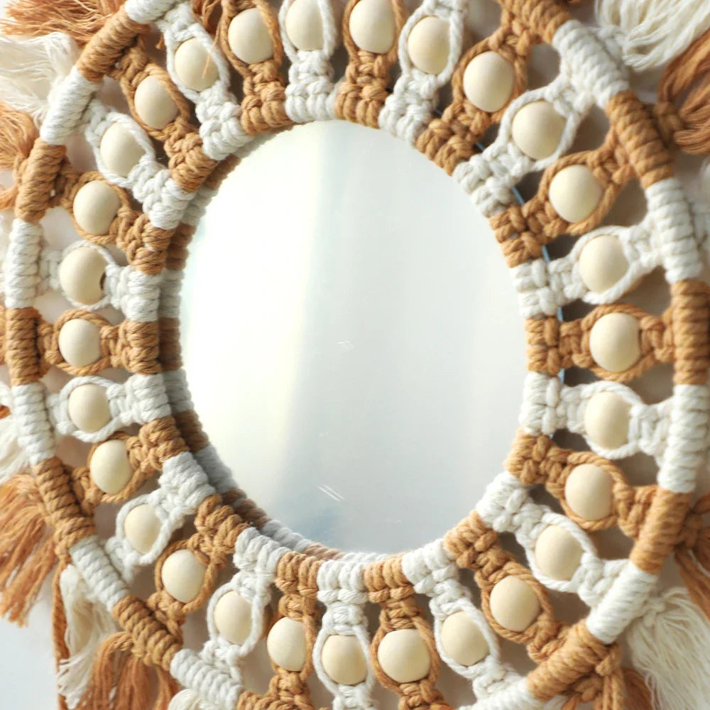 Boho Round Decorative Leaf Macrame Wall Mirror