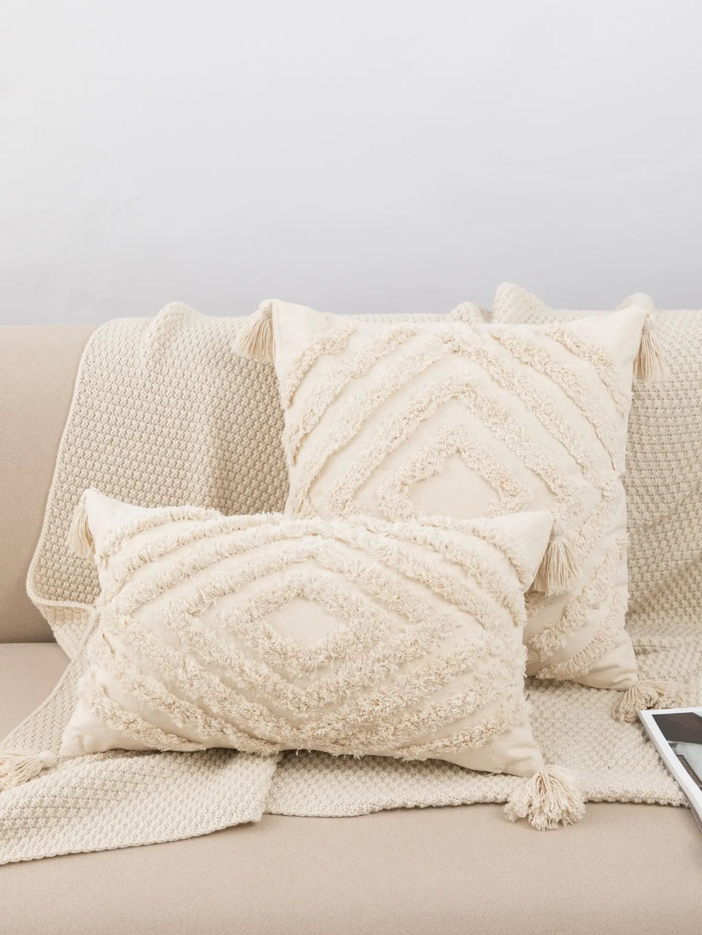 Beige Diamond Shaped Tufted Fringed Pillow Cover