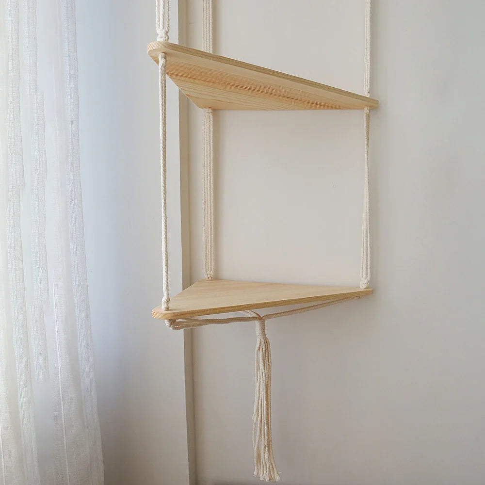 Boho Macrame Hanging Wooden Shelf – Handcrafted Floating Wall Shelf for Home Decor