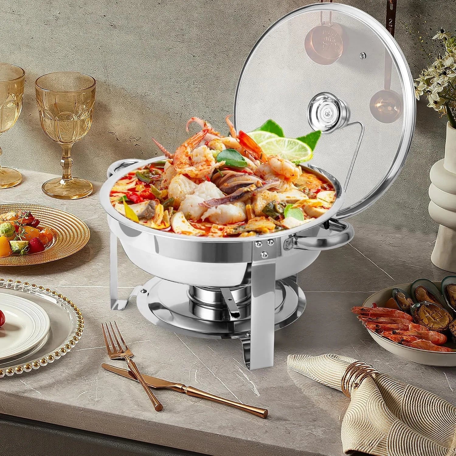 2/4 Pack Chafing Dish Buffet Set, 5QT Buffet Servers and Warmers, Round Catering Warmer with Glass Lid & Lid Holder for Party
