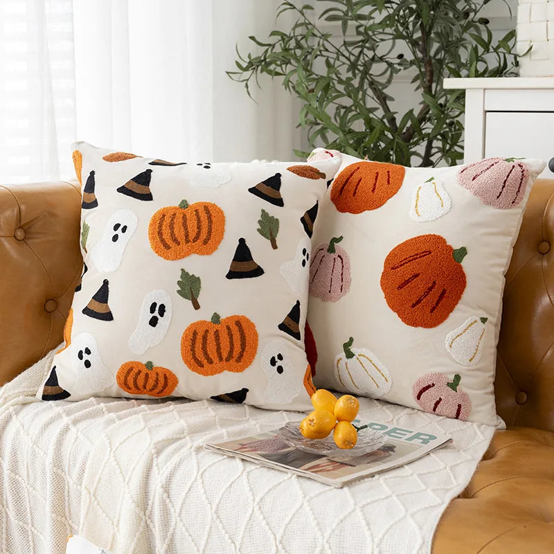 Embroidered Halloween Pumpkin Pillow Cover – Autumn Cushion for Sofa, Office & Home Decor