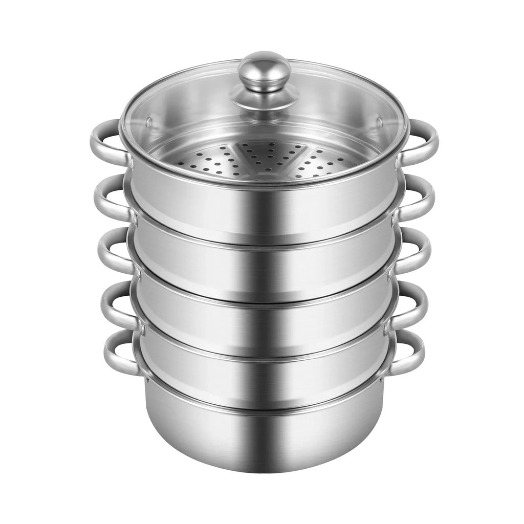 5-Tier Stainless Steel Steamer 15kg  Adjustable Grids Glass Lid for Home Kitchen Restaurant Dormitory Cooking