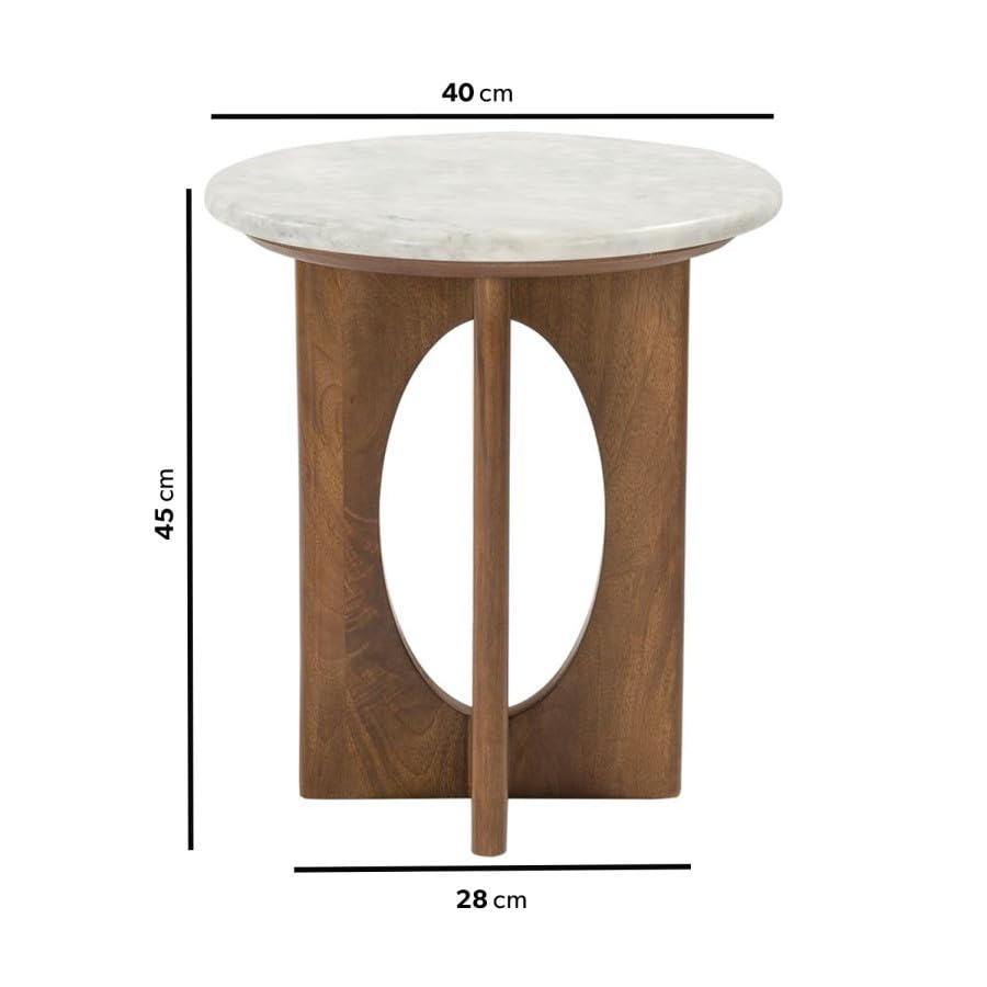 Round White Marble Side Table – Solid Mango Wood Base – Modern End Table for Living Room, Bedroom, Sofa or Accent Use
