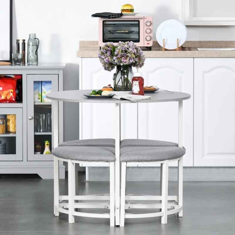 Round Dining Table with 4 Upholstered Stools – 900mm Compact White & Grey Dining Set UK