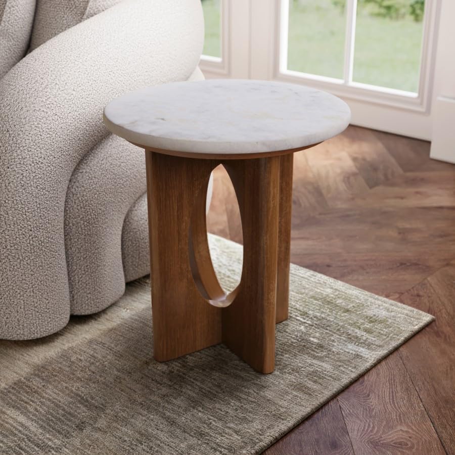 Round White Marble Side Table – Solid Mango Wood Base – Modern End Table for Living Room, Bedroom, Sofa or Accent Use