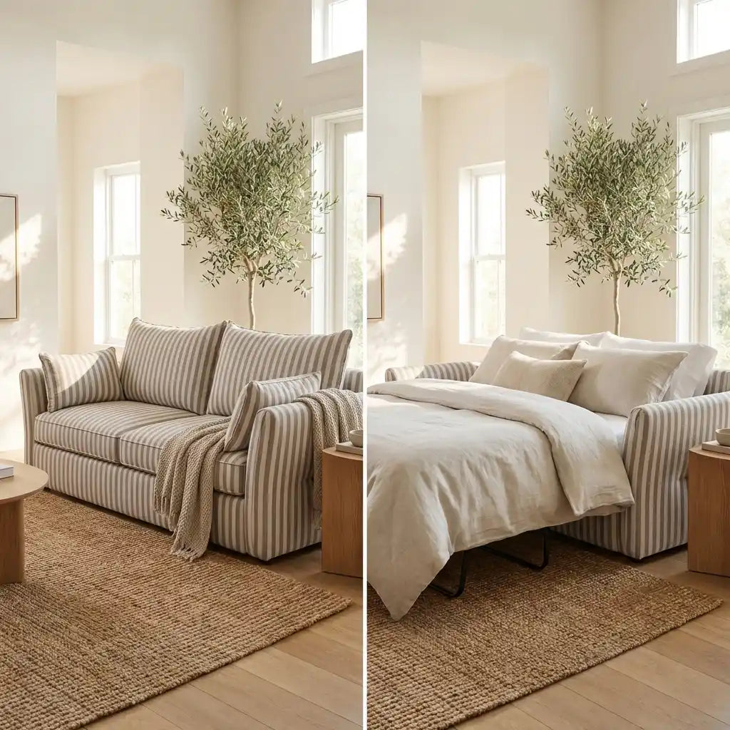 3 Seater Sofa Bed in Beige Striped Chenille with Storage