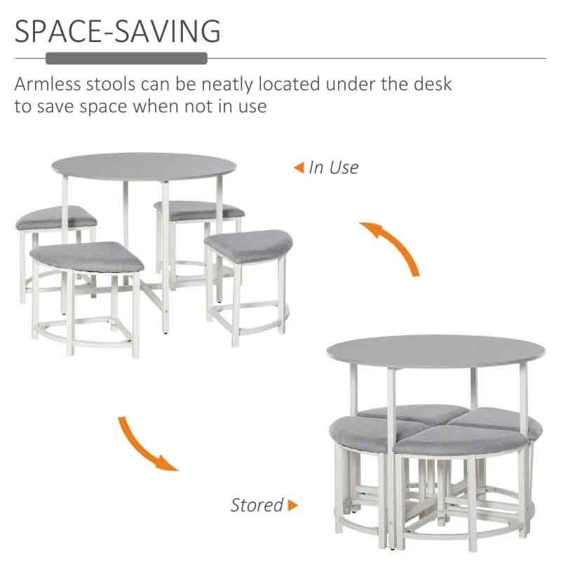 Round Dining Table with 4 Upholstered Stools – 900mm Compact White & Grey Dining Set UK