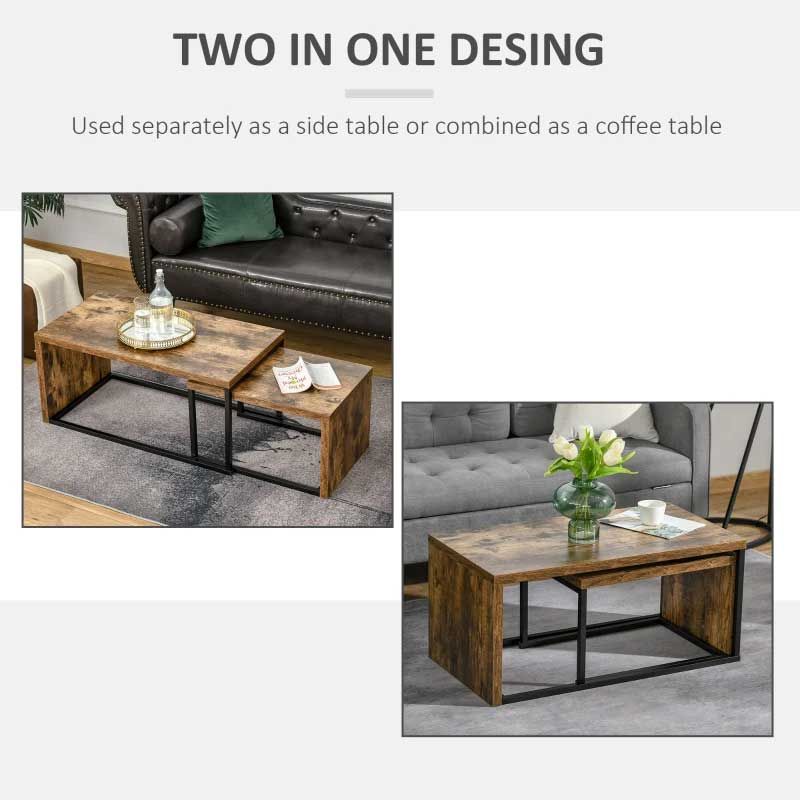 Industrial Style Coffee Table & Side Table Set of 2 Black & Brown Metal Frame Design