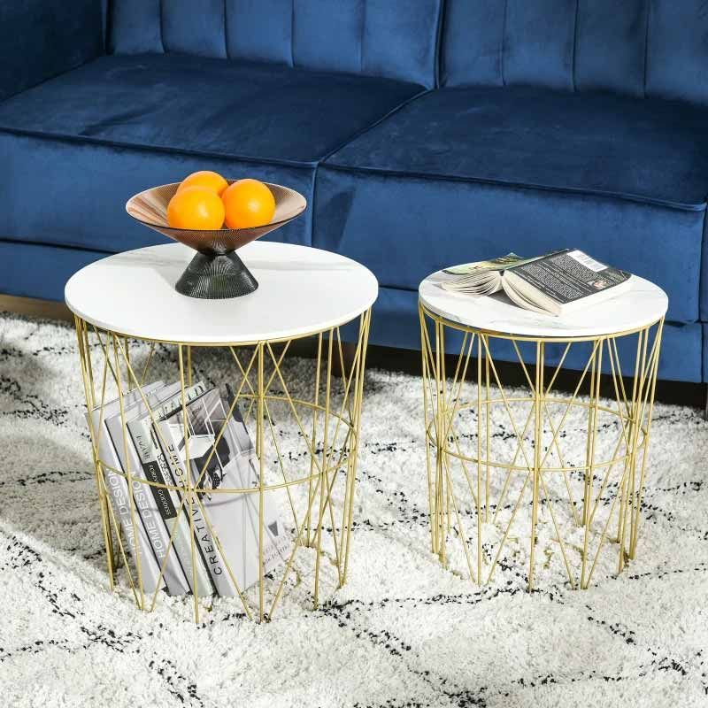 Nesting Side Tables Set of 2 – White Tables with Steel Frame & Removable Top