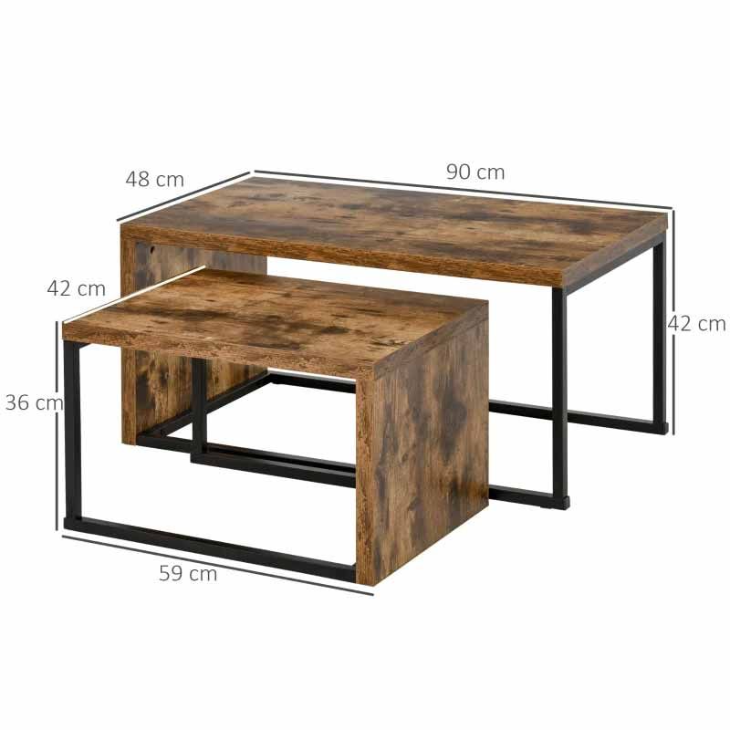 Industrial Style Coffee Table & Side Table Set of 2 Black & Brown Metal Frame Design