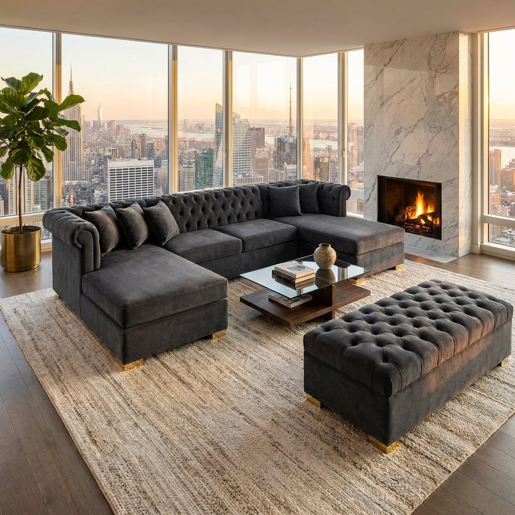 Grey Soft Velvet Chesterfield U-Shaped Corner Sofa – 6ft x 12ft x 6ft Luxury Deep Buttoned Modular Sofa Set